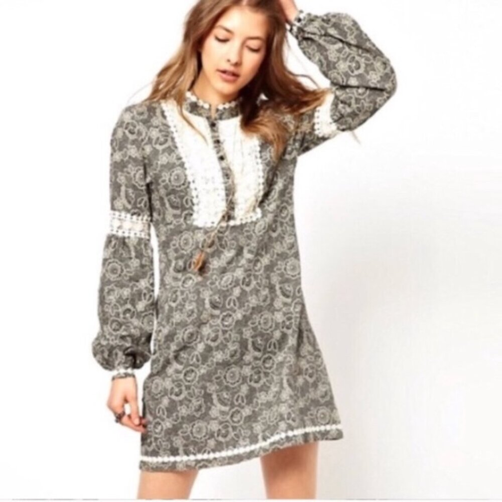 Free People Women’s Boho Tribal Grunge Paisley Long Sleeve Dress Size 10